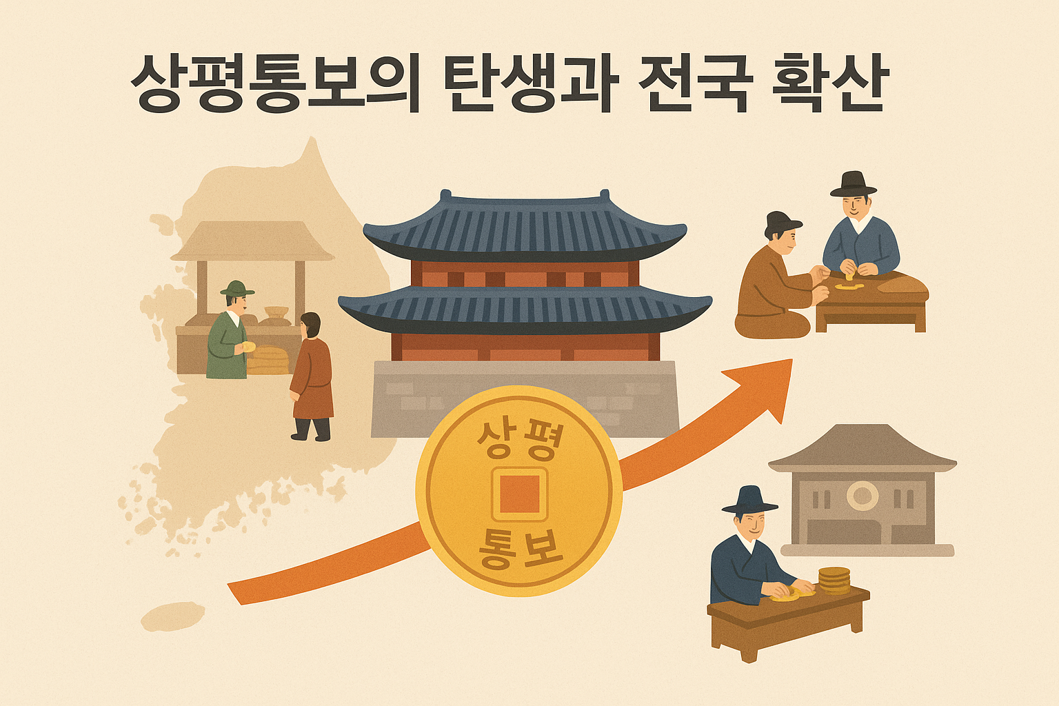 조선 시대 상평통보가 중앙에서 주조되어 전국으로 퍼지며 상업과 세금 활동을 연결하는 모습.