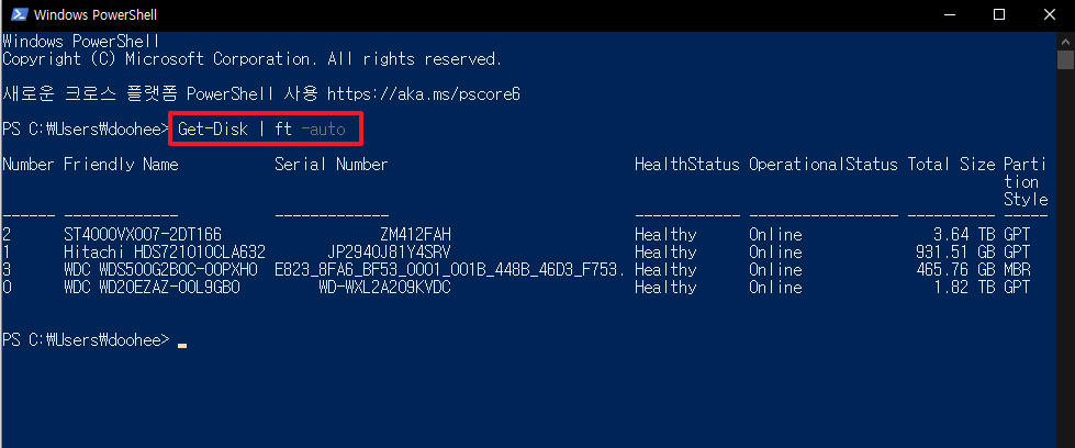 파워쉘에-디스크정보-명령어-입력화면