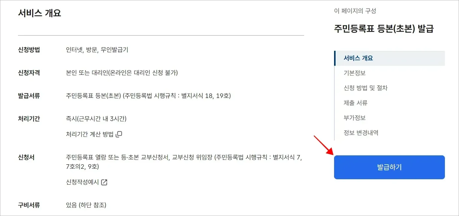주민등록표 등본(초본) 발급 서비스의 [발급하기]를 선택