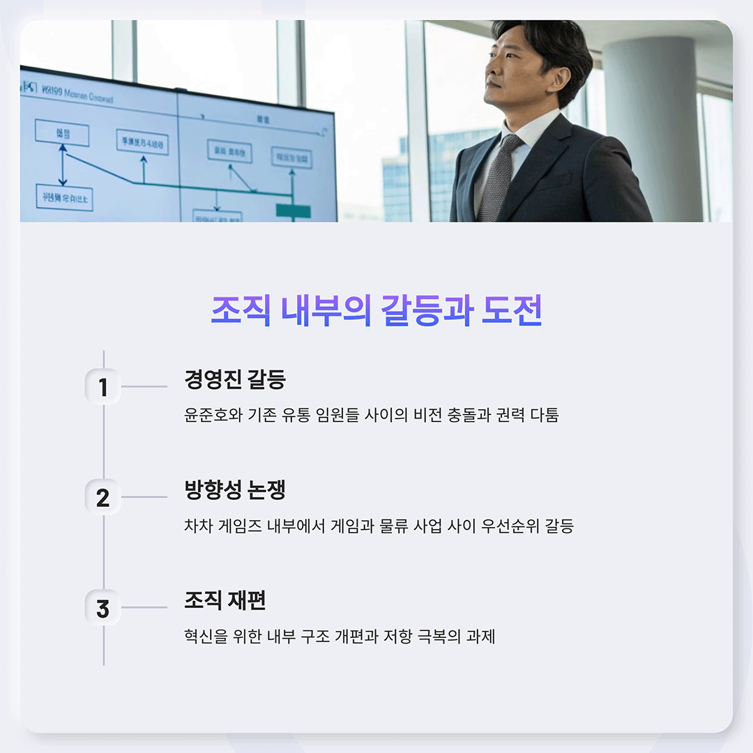 회의실에서 정장을 입은 남성이 창밖을 바라보며 깊은 생각에 잠긴 모습. 배경에는 조직 구조를 나타내는 도표가 스크린에 표시되어 있다.
아래에는 '조직 내부의 갈등과 도전'이라는 제목이 보라색 글씨로 적혀 있으며, 세 가지 주요 내용이 정리되어 있다.