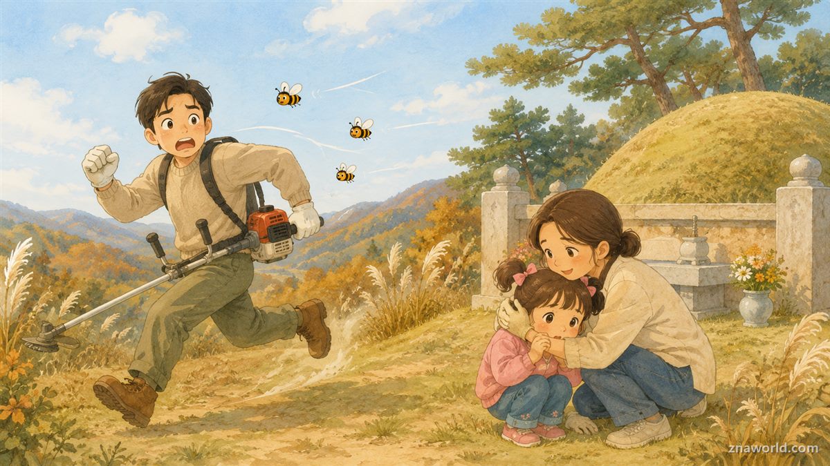 벌초 중 말벌을 피해 머리를 감싸고 대피하는 가족 일러스트