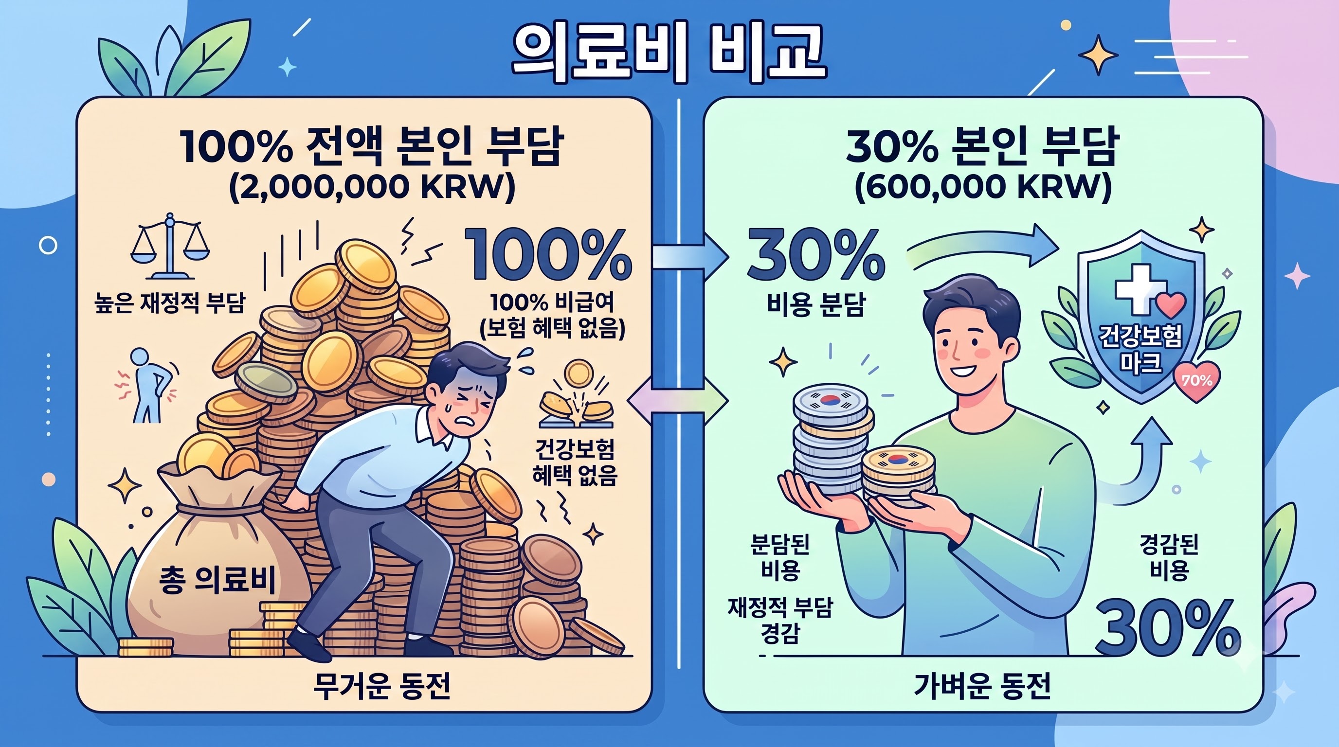 간병비 본인부담률 100%에서 30% 감면에 따른 월 부담금 비교 인포그래픽