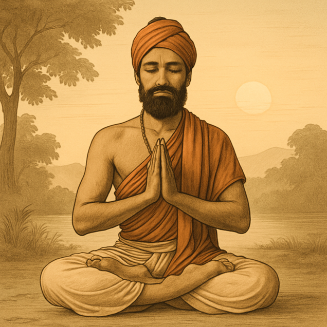인도 전통 복장을 한 요가 수행자가 고요한 아침에 요가 자세를 취하고 있음