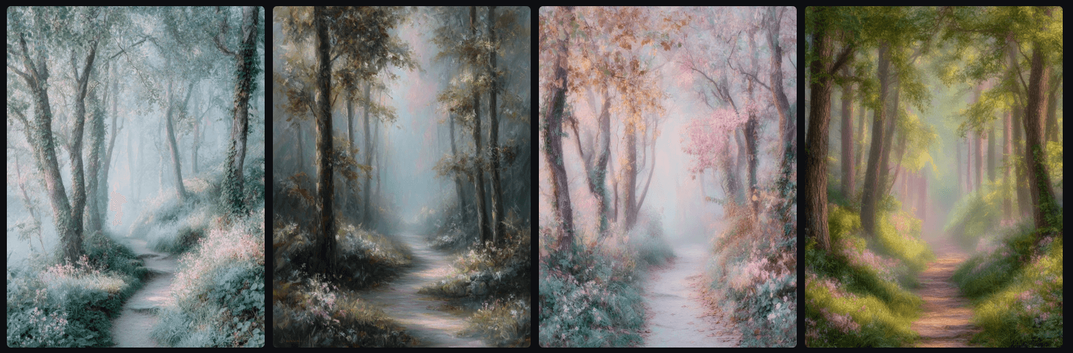 Dreamy 스타일 고요한 숲길 이미지 예시_Midjourney