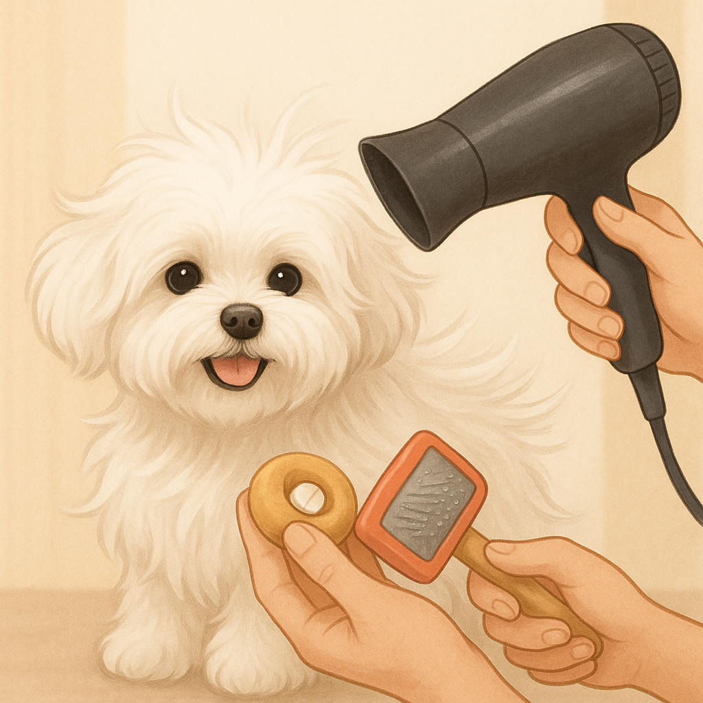보호자가 한 손에 드라이기(안전거리 유지), 다른 손에는 슬리커 브러시 털의 결을 반대로 빗으며 속털까지 건조하는 모습