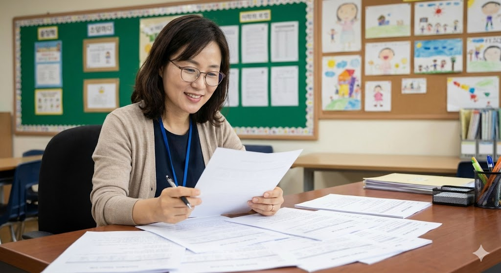 선생님이 여러 장의 기초조사서를 꼼꼼하게 검토하며 미소 짓는 이미지
