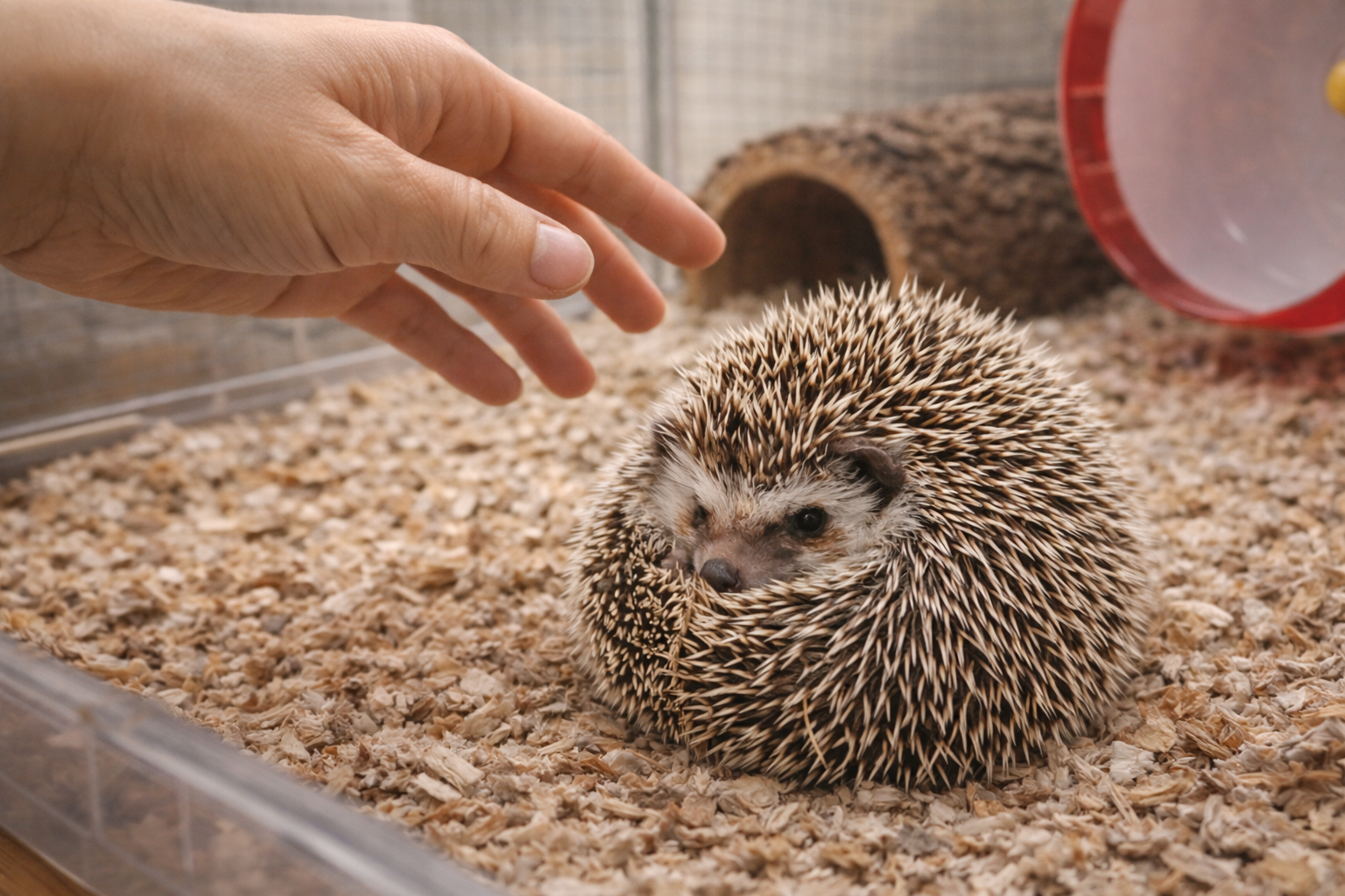 만지려는 손과 털을 세우고 있는 고슴도치 이미지