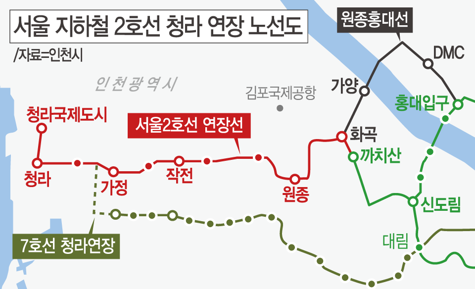 서울 지하철 2호선 청라 연장 노선도