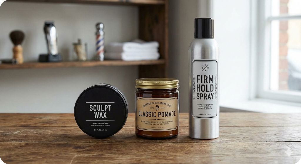 세련된 디자인의 헤어 왁스, 포마드, 스프레이 용기가 나란히 놓여 있는 정물 사진
