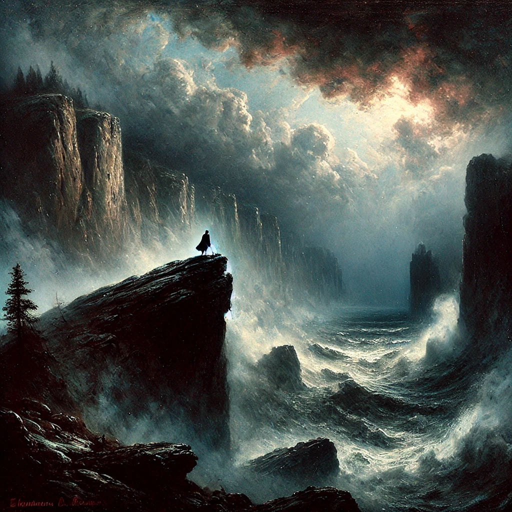 19세기 낭만주의 회화에서 강조되던 자연의 위엄, 인간의 고독, 감정의 극대화를 시각적으로 표현한 장면