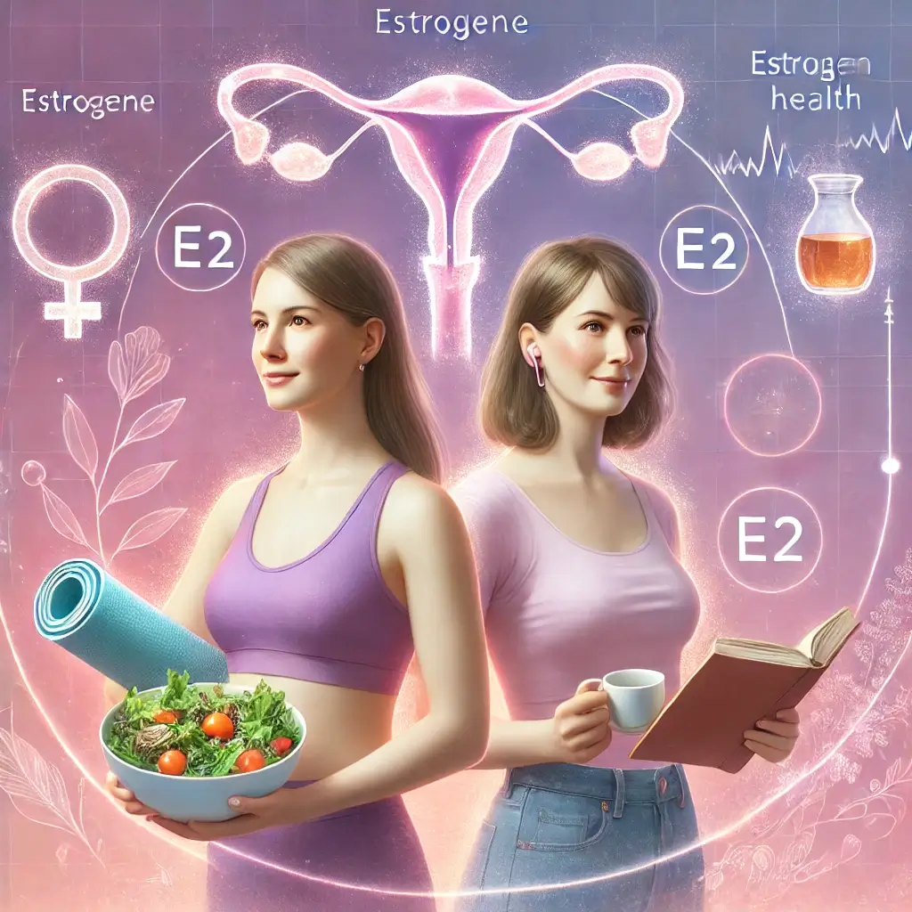 왼쪽에는 활기차게 조깅하는 30대 여성이 있고, 오른쪽에는 요가를 통해 심신의 균형을 찾는 40대 여성이 있다. 이미지에는 은은하게 에스트로겐 분자가 겹쳐 있다.