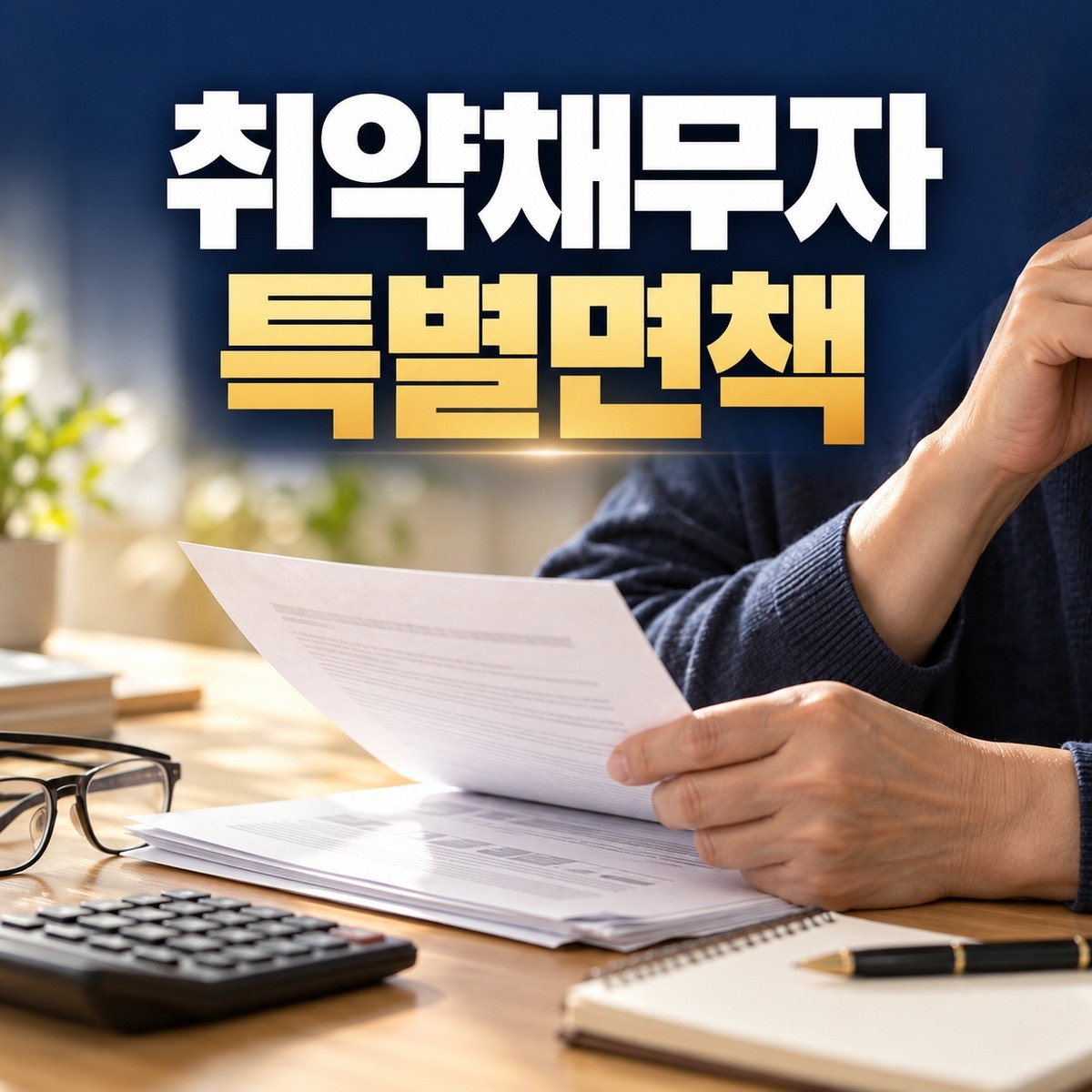 취약채무자 특별면책 문구와 채무 관련 서류를 확인하는 사람의 모습