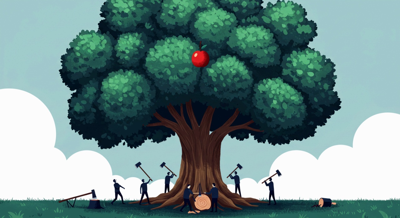 열매를 얻기 위해 큰 나무를 도끼로 베는 사람들