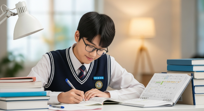 깔끔하게 정돈된 책상에서 집중하여 공부하는 한국 고등학생의 모습. 교과서와 플래너가 놓여있고, 차분하면서도 열정적인 학습 분위기를 보여줍니다.