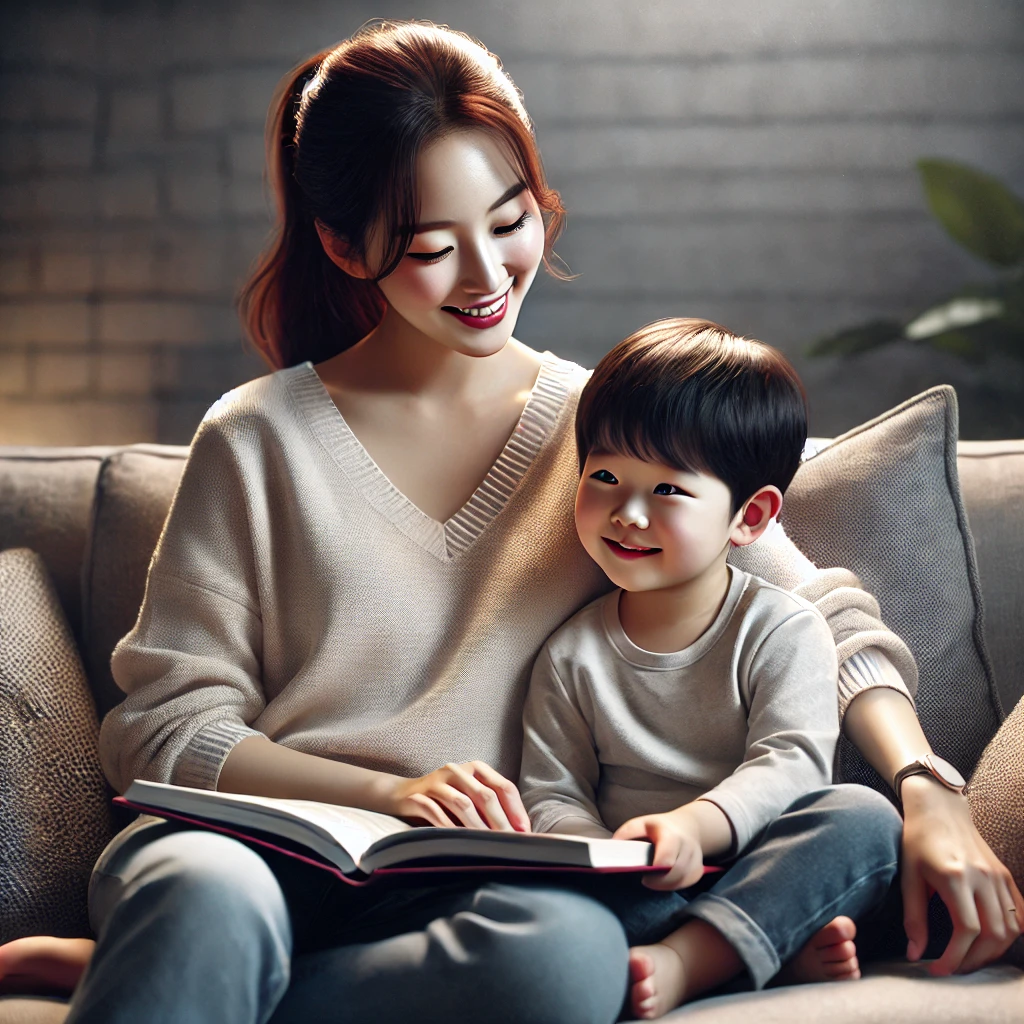 부모와 자녀가 거실에서 소파에 앉아 동화책을 읽으며 함께 시간을 보내는 모습. 부모는 따뜻하게 미소 짓고&amp;#44; 아이는 이야기에 집중하며 아늑한 분위기를 연출