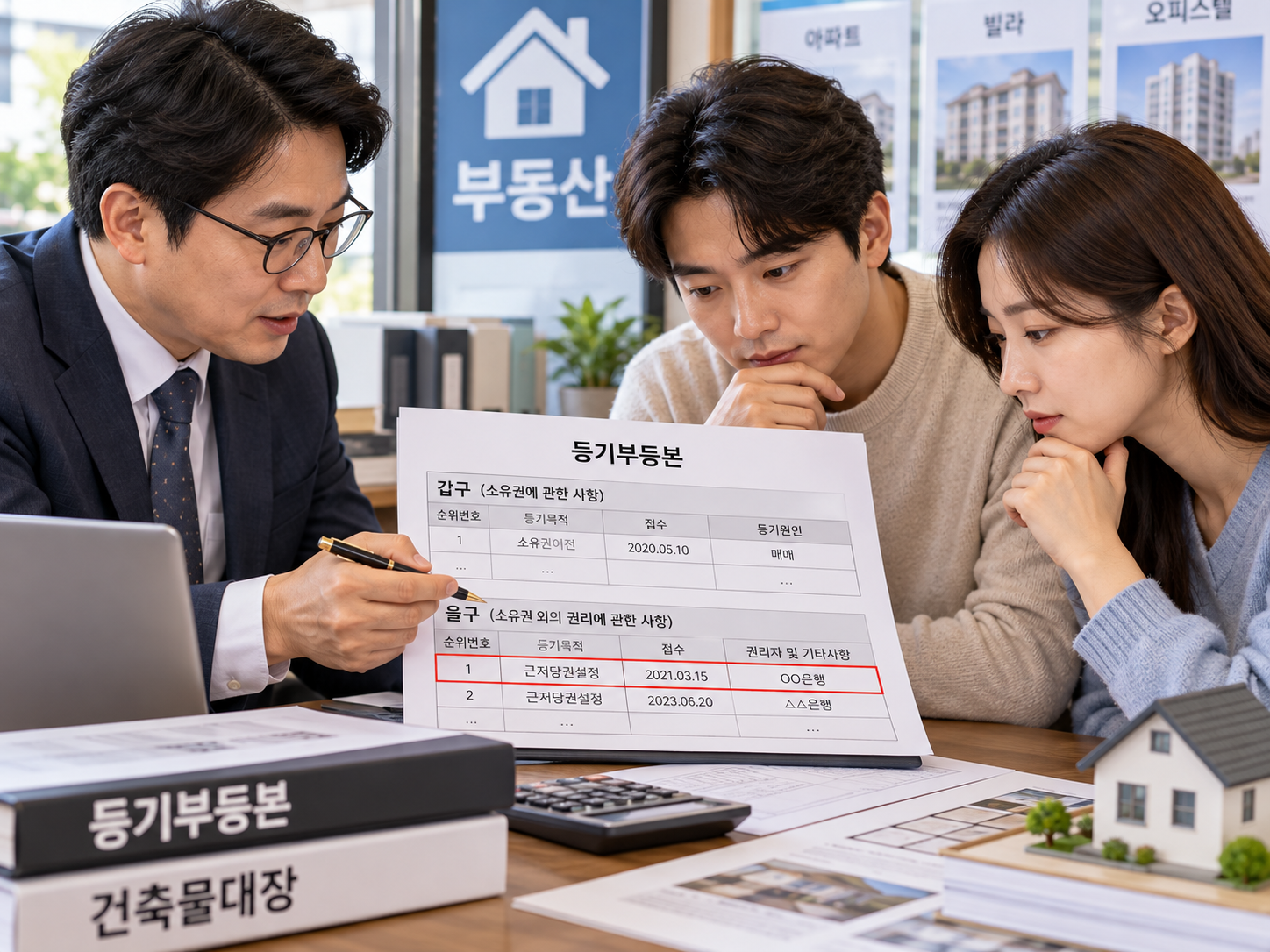부동산에서 등기부등본과 근저당권을 확인하는 부부의 이미지