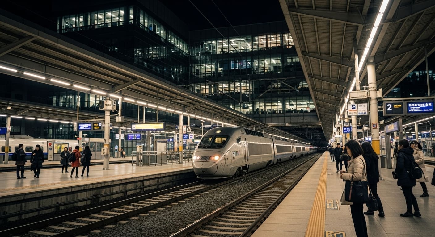 유리 건물 배경의 기차역 승강장에 정차한 KTX 열차