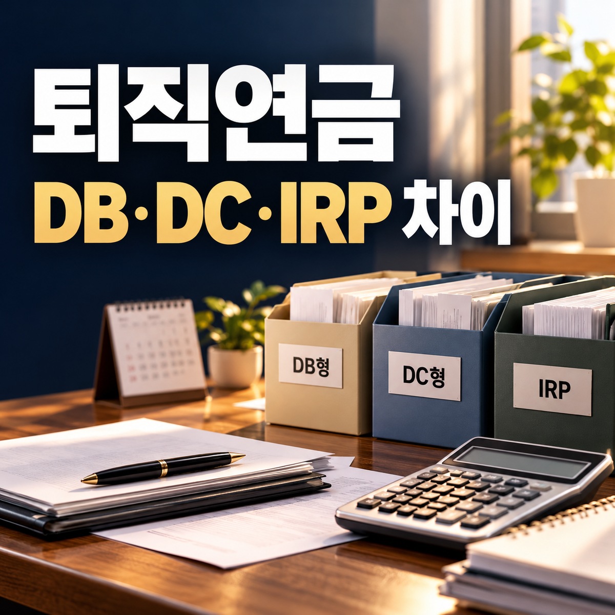 책상 위 DB형 DC형 IRP 서류 정리함과 계산기 옆에 퇴직연금 차이라는 문구가 놓인 대표 이미지