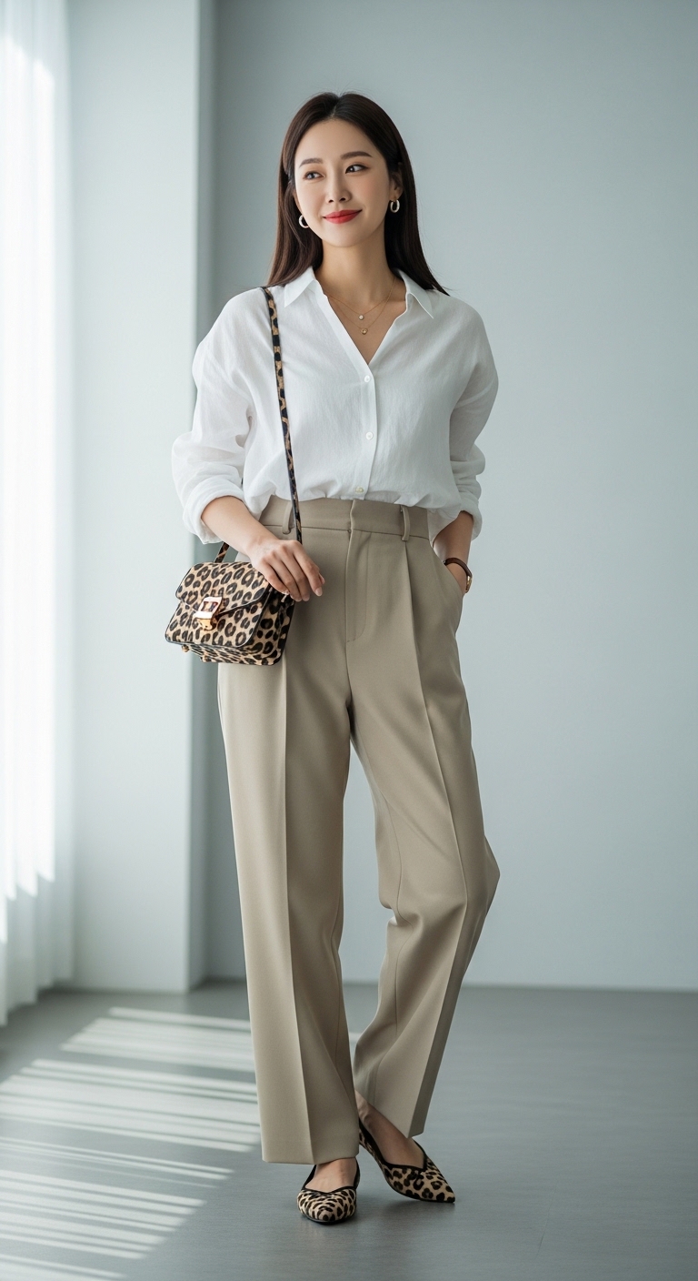 레오파드 패턴의 플랫슈즈나 가방으로 포인트를 준 미니멀한 코디 예시