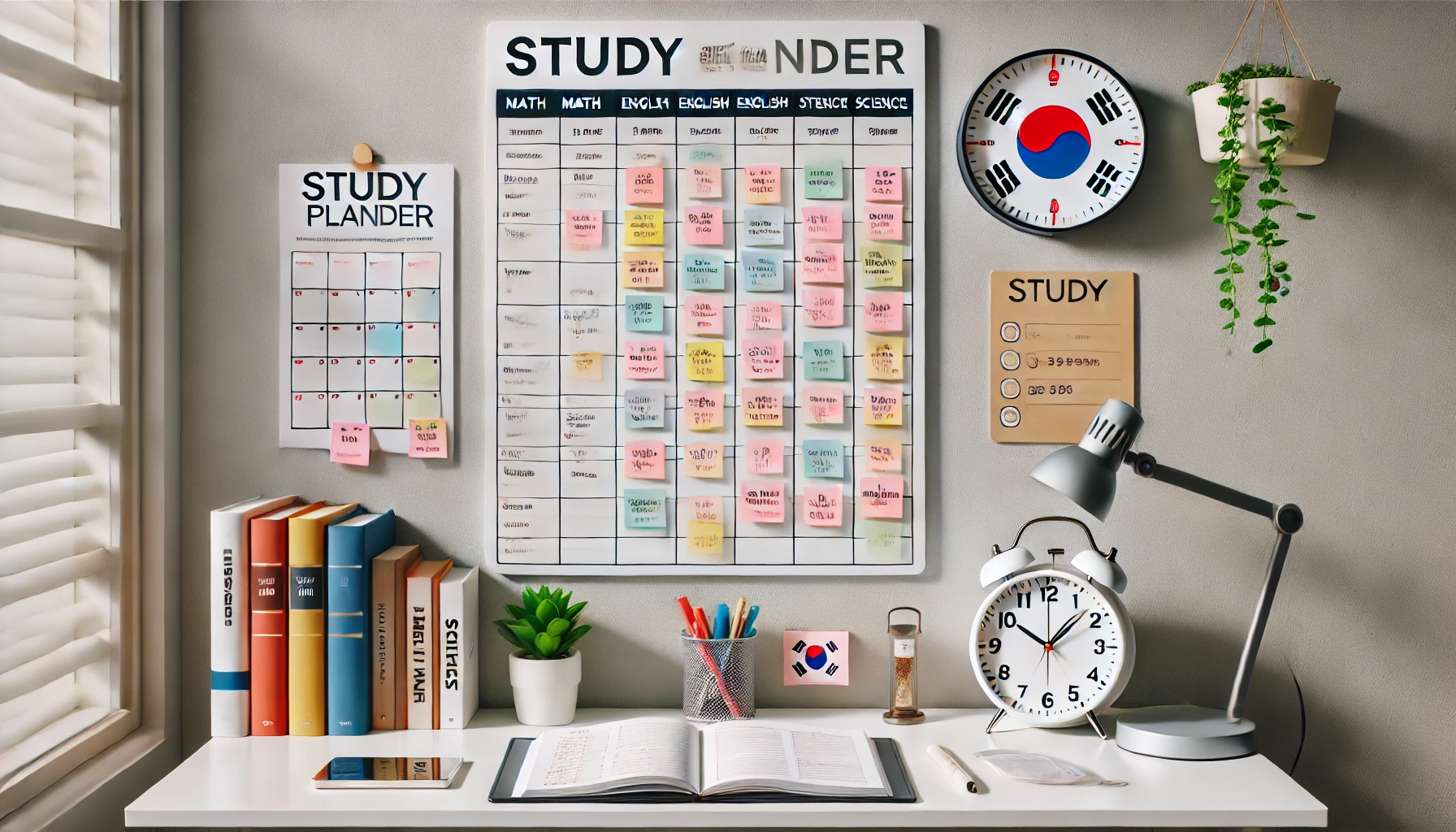 벽에 붙여놓은 공부 계획표와 공부 타이머, 체크리스트가 함께 나오는 장면
