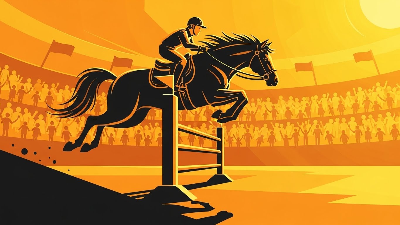 역동적인 추진력으로 장애물을 뛰어넘어 압도적인 성과를 향해 질주하는 말띠의 행운 가득한 이미지