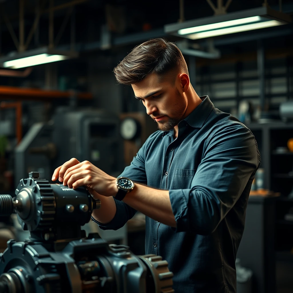 기계를 조립하고 있는 남성의 모습