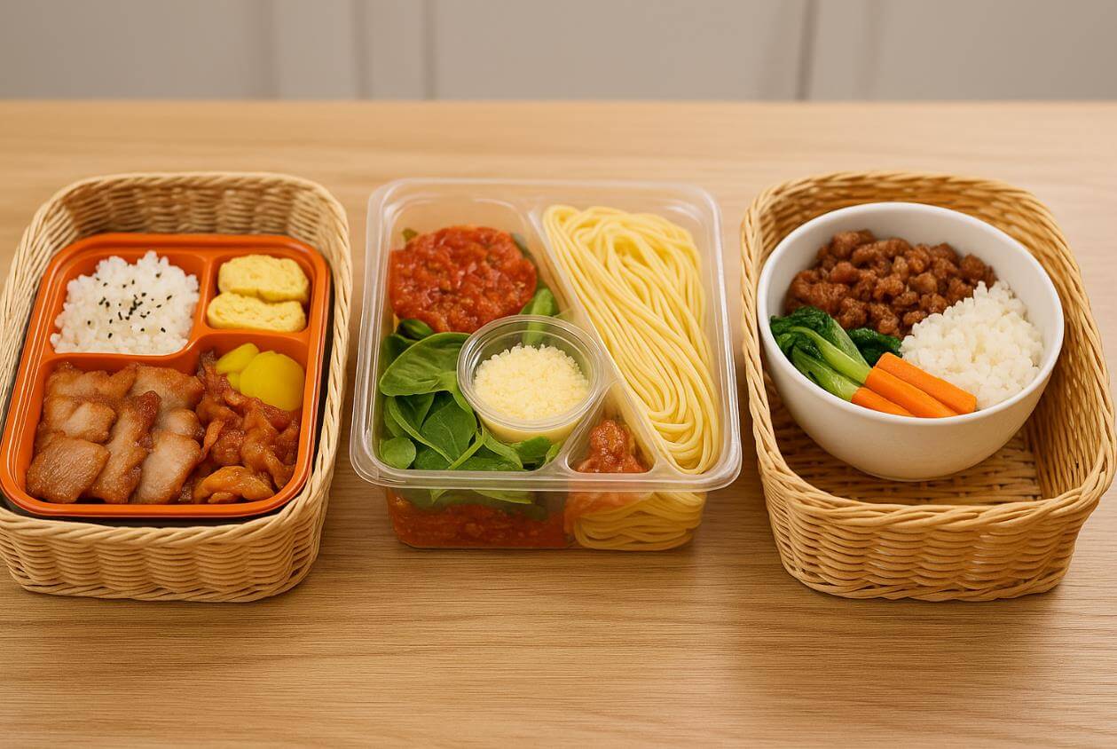 도시락, 파스타, 덮밥이 나란히 담긴 세트 음식.