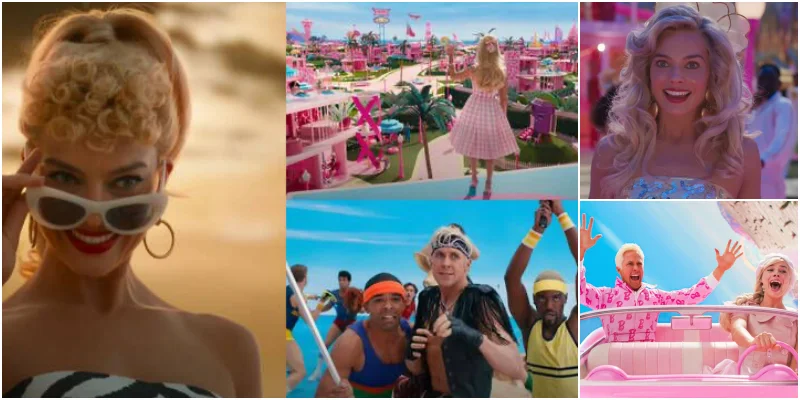 바비 영화에서 바비를 맡은 마고로비와 다른 바비를 맡은 배우들이 등장하는 주요 장면 모음 이미지