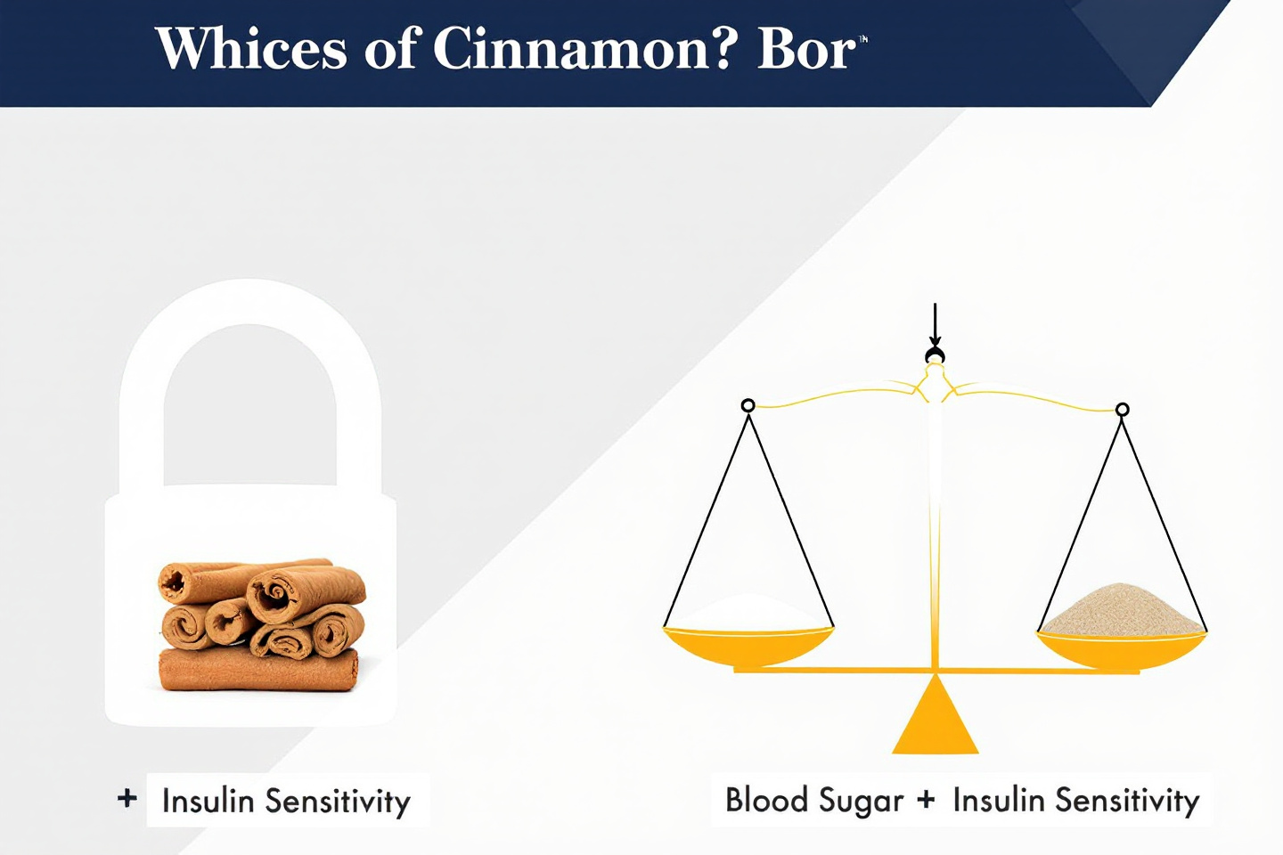 계피가 혈당에 미치는 영향을 보여주는 인포그래픽: 인슐린 감수성 증가, 혈당 감소 효과 강조"