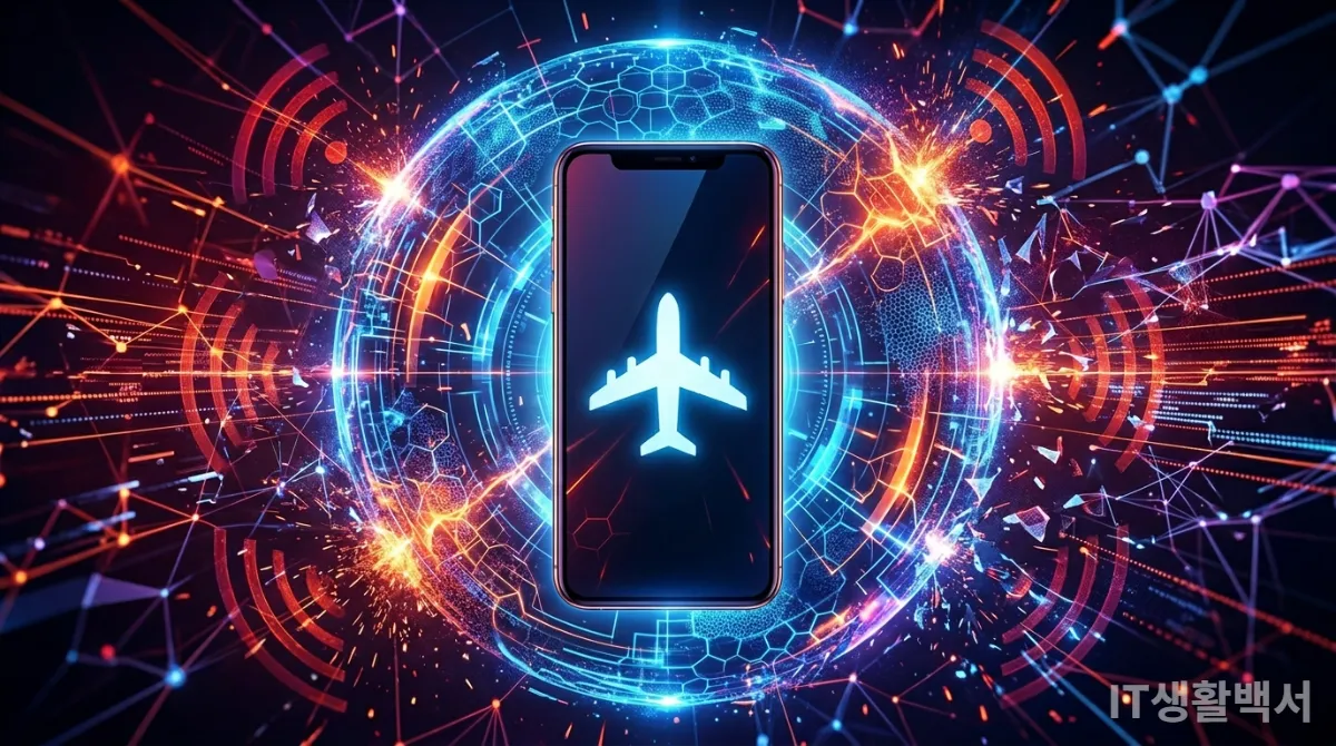 스마트폰이 비행기 모드로 설정되어 있고 주변에 방어막이 있는 모습