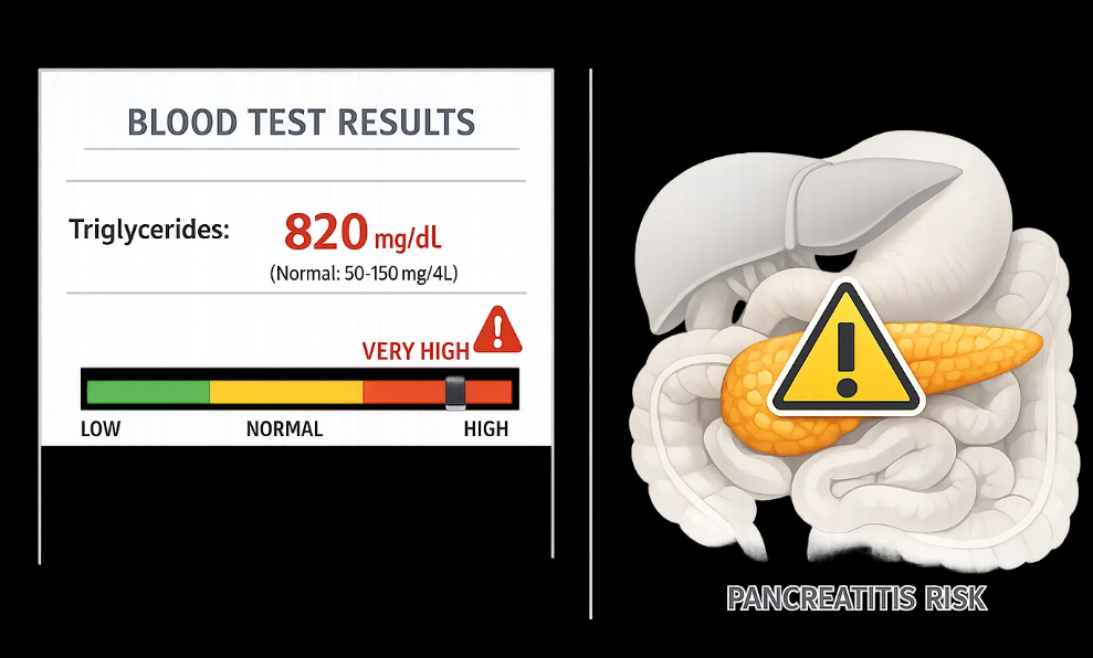 중성지방 수치 820 mg/dL로 매우 높은 상태와 급성 췌장염 위험을 경고하는 의료 인포그래픽