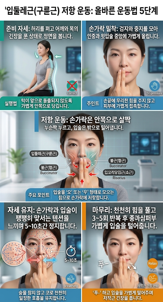 입둘레근(구륜근) 저항 페이스 요가의 바른 자세, 손가락 밀착, 저항, 유지, 마무리 5단계 운동법