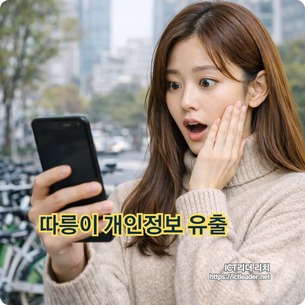 따릉이 자전거 거치소 앞에서 스마트폰을 들고 놀란 표정을 짓고 있는 20대 한국 여성 모델의 실제 상황 연출 이미지
