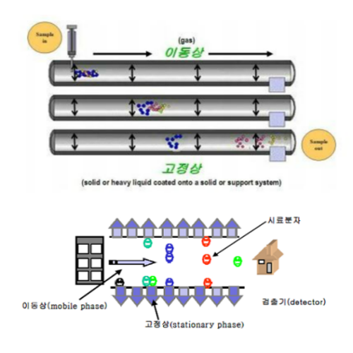 화합물이 이동상과 정지상에 의해 분리되는 원리를 설명한 그림