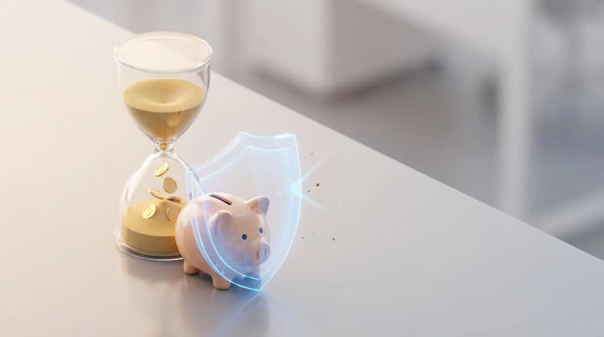 건강보험 임의계속가입 제도를 통해 36개월간 자산을 보호하는 모래시계와 방패 일러스트