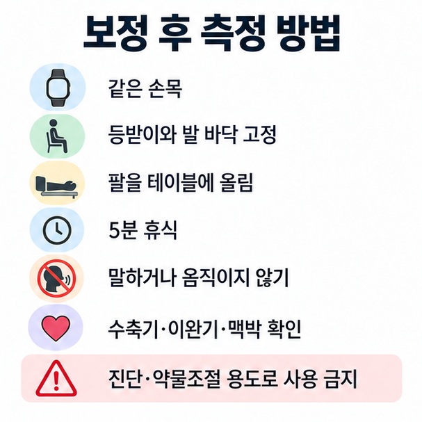 측정 전 5분 휴식 카페인 음주 운동 제한 올바른 착용과 자세 수축기 이완기 맥박수 확인을 정리한 갤럭시 워치8 혈압 측정 인포그래픽