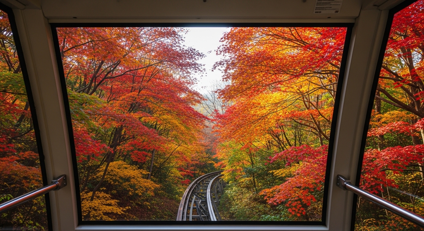 화담숲 모노레일에서 바라본 창밖 풍경. 오색 단풍으로 물든 숲이 눈앞에 펼쳐져 힐링을 선사합니다.