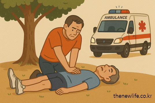 A middle-aged man is performing CPR on a collapsed person under a tree as an ambulance arrives at the scene, indicating a heatstroke emergency. / 열사병 응급 상황에서 중년 남성이 나무 아래 쓰러진 환자에게 CPR을 시행 중이며, 현장에 앰뷸런스가 도착한 모습/열사병과 일사병의 차이 설명 이미지