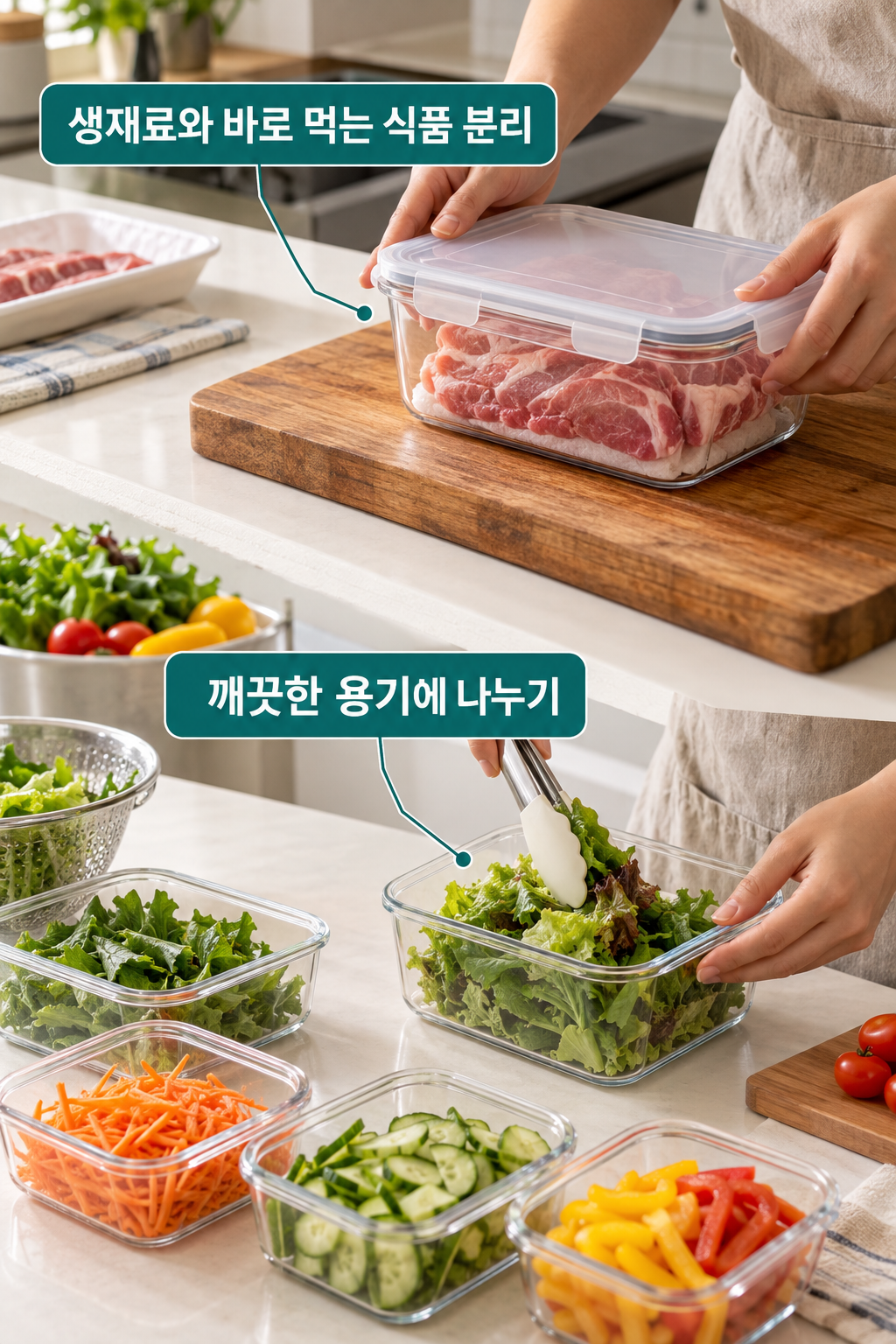 밀봉한 생고기 용기와 채소 소분 작업공간을 분리하고 깨끗한 용기에 나누는 장면