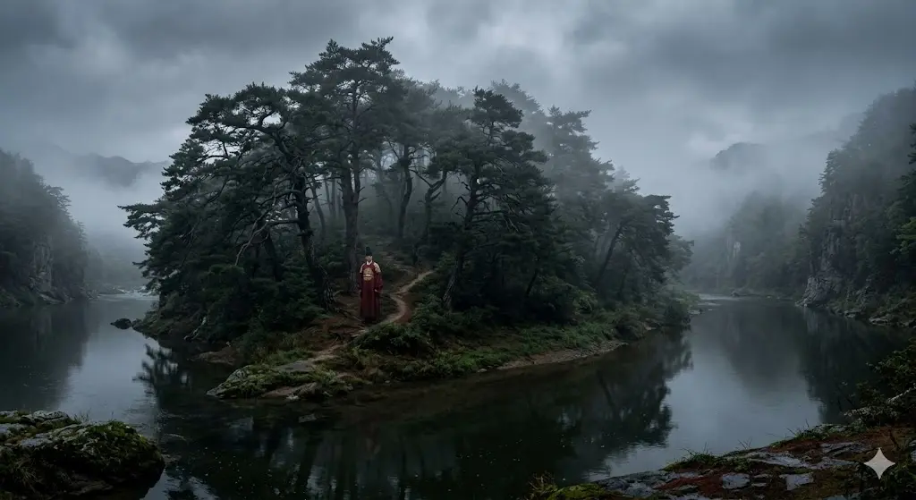 수백 년 된 울창한 소나무 숲과 굽이치는 남한강으로 외부와 단절된 강원도 영월 청령포의 쓸쓸한 전경