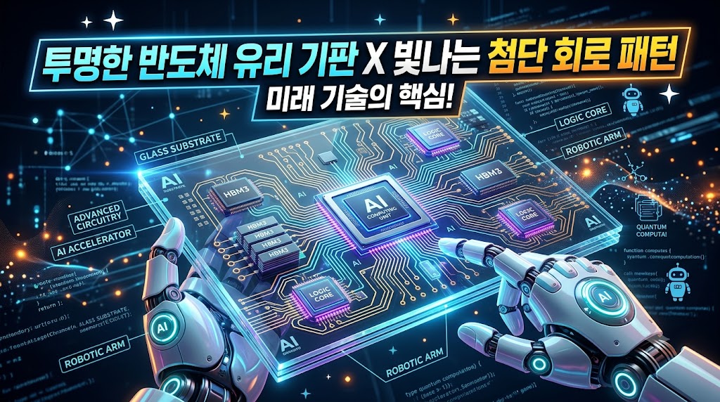 투명한 반도체 유리 기판 위에 첨단 회로 패턴이 빛나는 그래픽 썸네일 이미지.