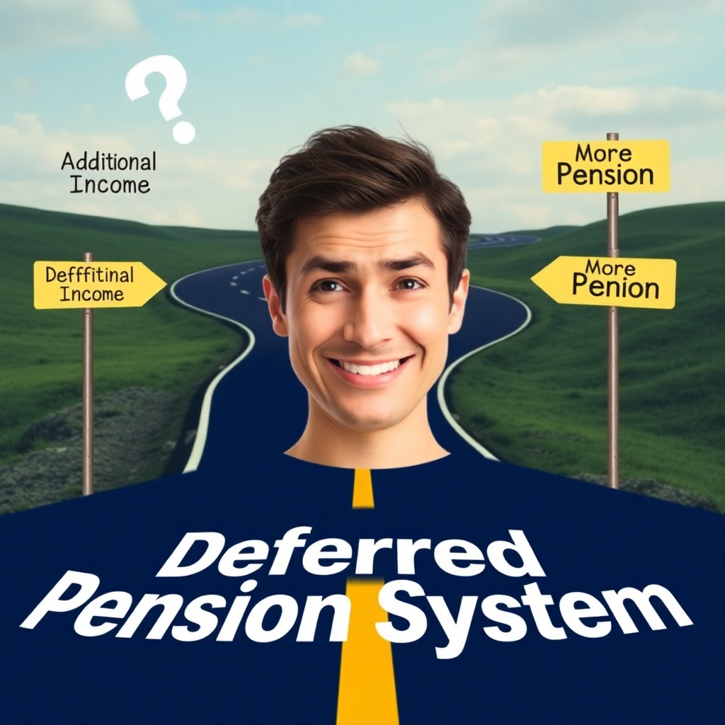 물음표를 고민하던 사람이 활짝 웃으며 새로운 길을 발견한 듯한 모습입니다. 길 위에는 '연기연금제도'라는 문구가 쓰여 있고, '추가 소득'과 '더 많은 연금'이라는 표지판이 보입니다.