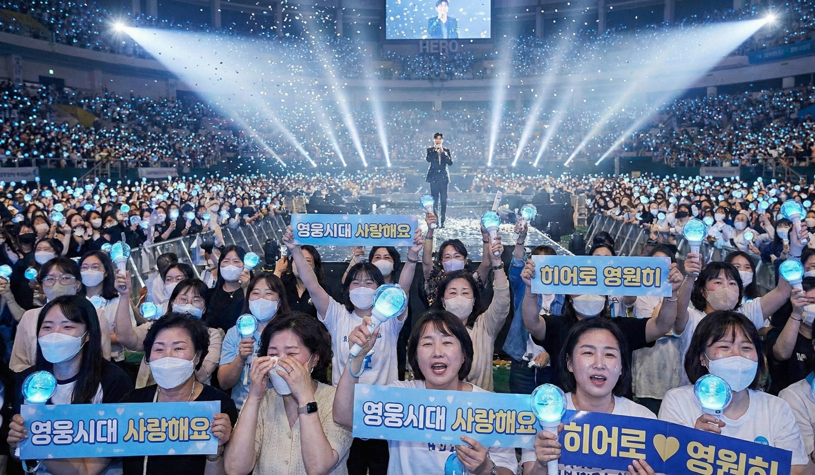임영웅 부산 IM HERO 콘서트에서 응원봉을 들고 환호하는 영웅시대 팬들 모습, 뜨거운 현장 분위기