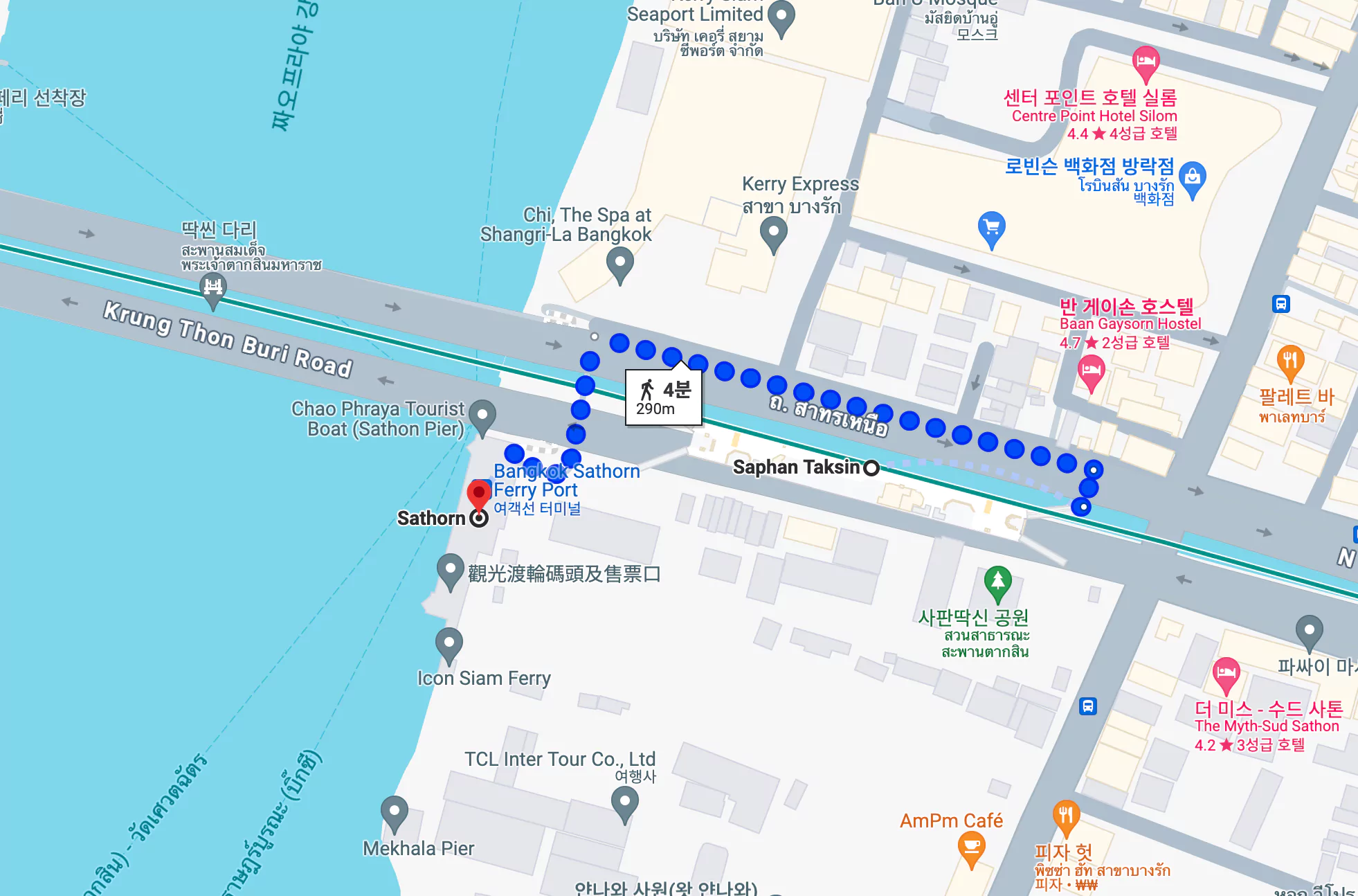 사판탁신역에서 Sathorn 페리 터미널 경로