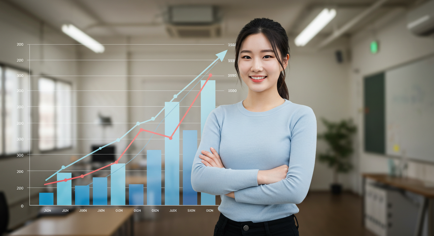 상승 그래프 앞에서 웃고있는 한국여성.