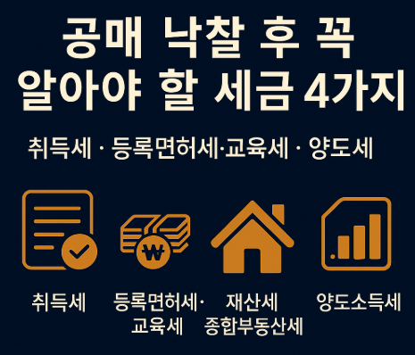 공매 낙찰 후 반드시 챙겨야 할 세금 4가지 인포그래픽.
취득세, 등록면허세·교육세, 재산세·종합부동산세, 양도소득세를 상징하는 아이콘과 함께 단계별 세금 항목이 정리되어 있다.
