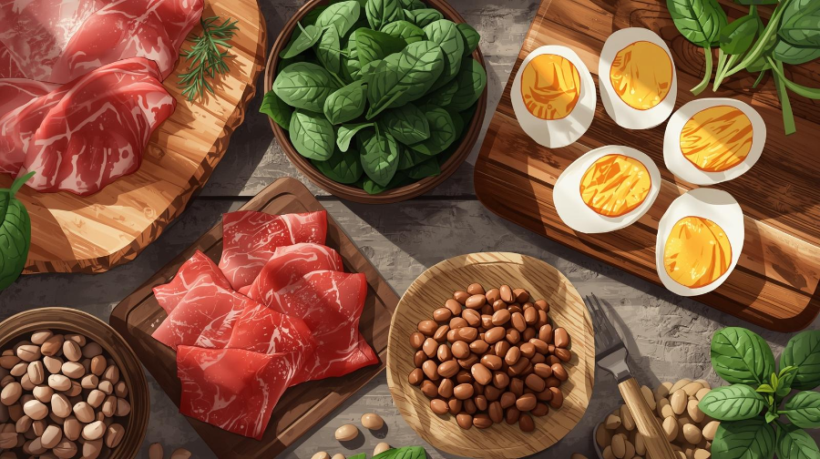 고기, 달걀, 시금치, 콩 등 비타민 B12와 철분이 풍부한 식재료 모음