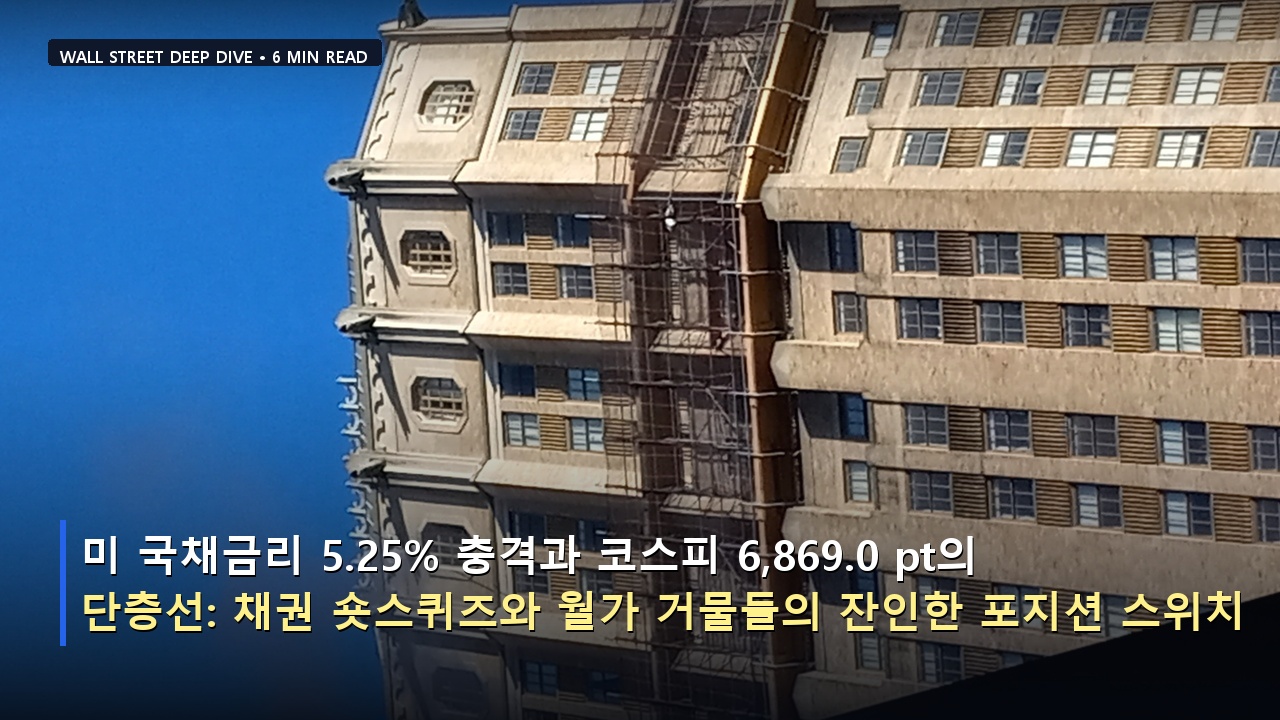 미 국채금리 5.25% 충격과 코스피 6,869.0 pt의 단층선: 채권 숏스퀴즈와 월가 거물들의 잔인한 포지션 스위치