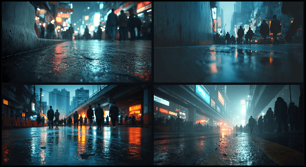 네온 빛과 젖은 아스팔트가 어우러진 도시 공간의 극적 대비 이미지_Midjourney