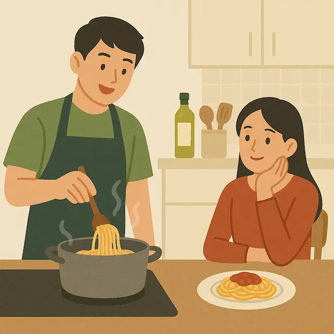 올리브 오일 미트볼 파스타를 만드는 남자와 여자